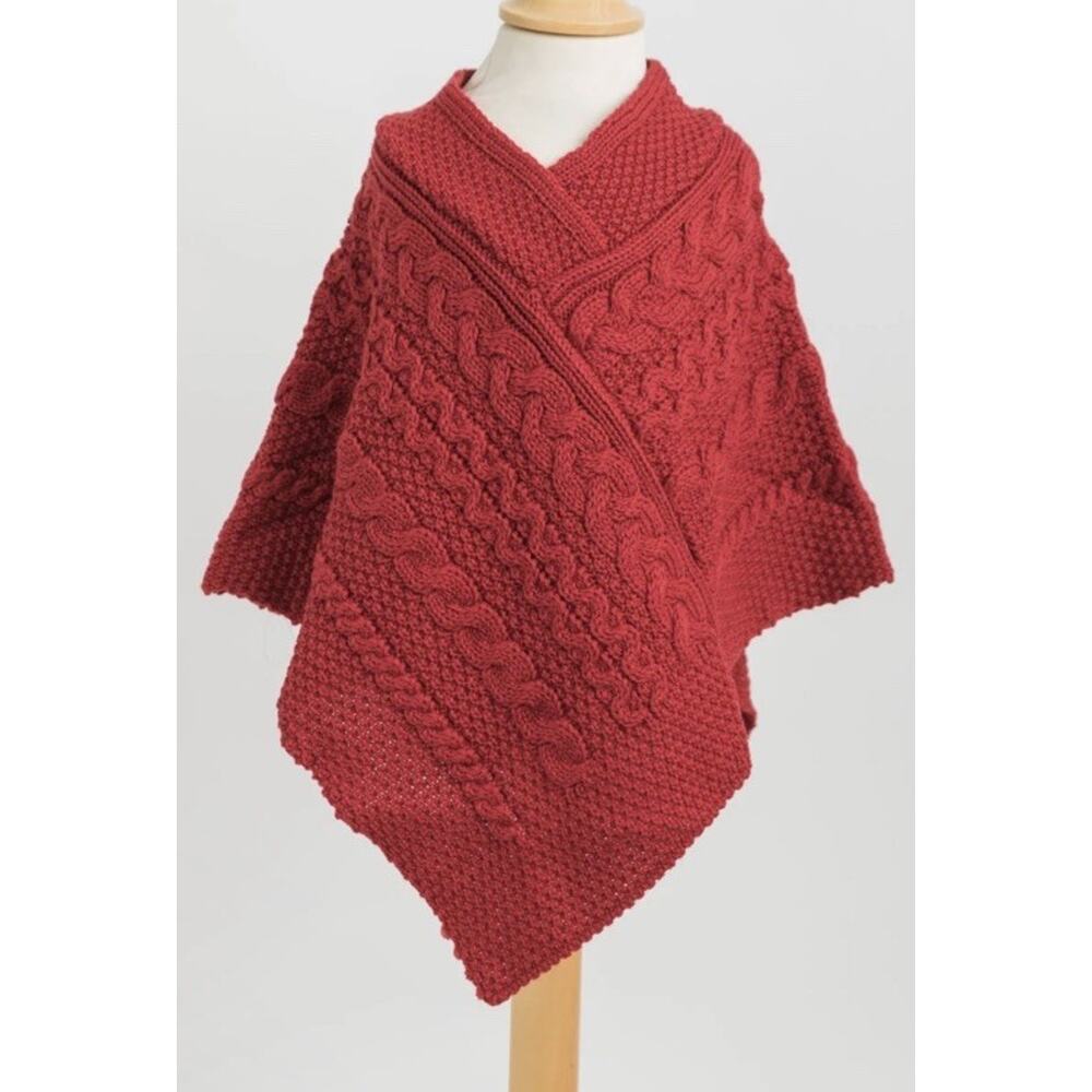 Aran Woolen Mills Aran Knit Poncho Merino Wool Red Kids Sz Large 7-12 NWT